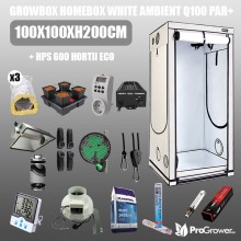 Complete Kit : Growbox HomeBox White Ambient Q100 PAR+ 100x100xh200cm + HPS 600 HORTII Eco